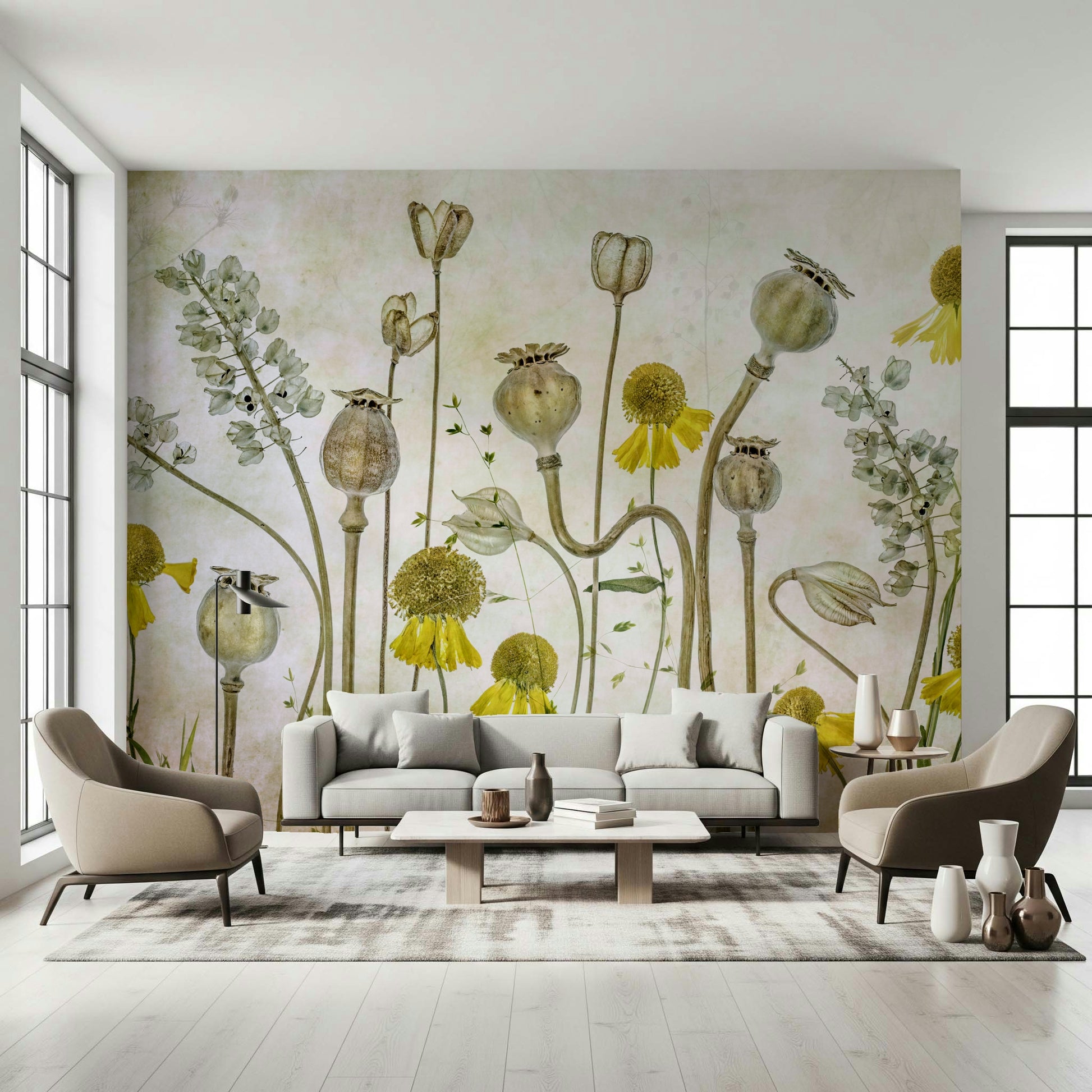 A graceful subtle bloom wall mural in rich, dramatic tones.

