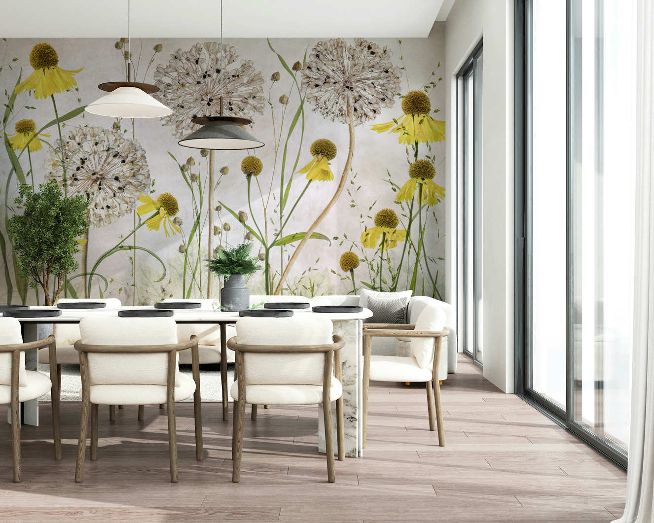 A beautiful sunny floral wallpaper mural for a modern home.

