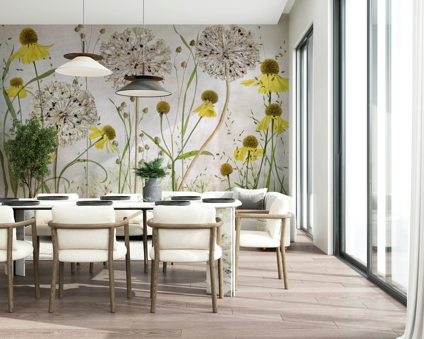 A beautiful sunny floral wallpaper mural for a modern home.

