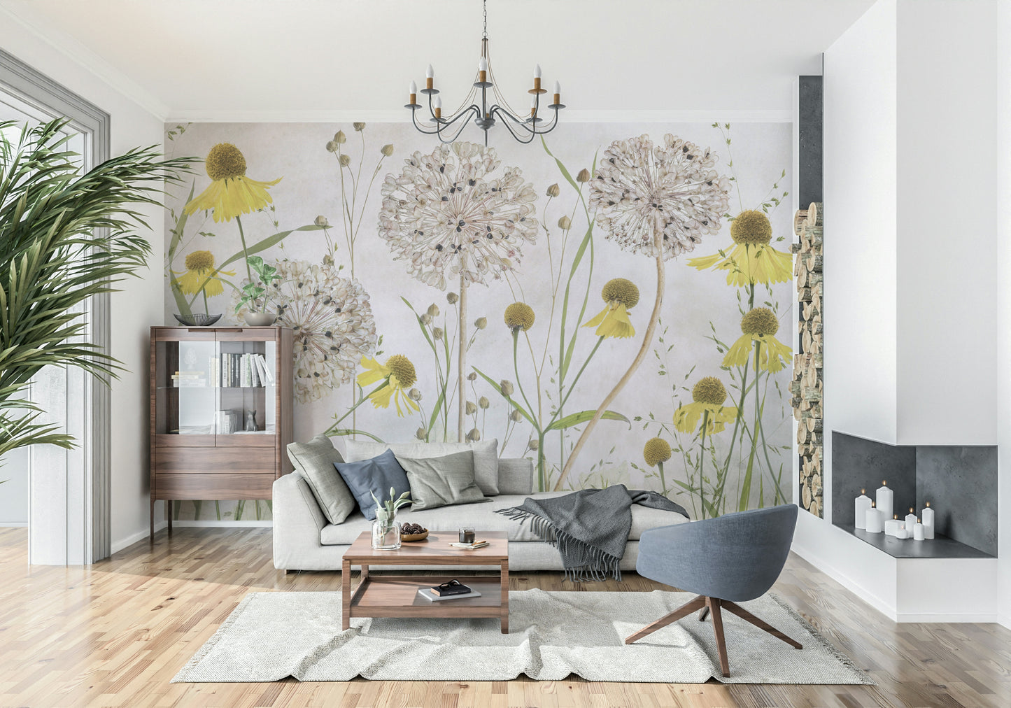 An artistic bright bloom mural on minimalist wallpaper.

