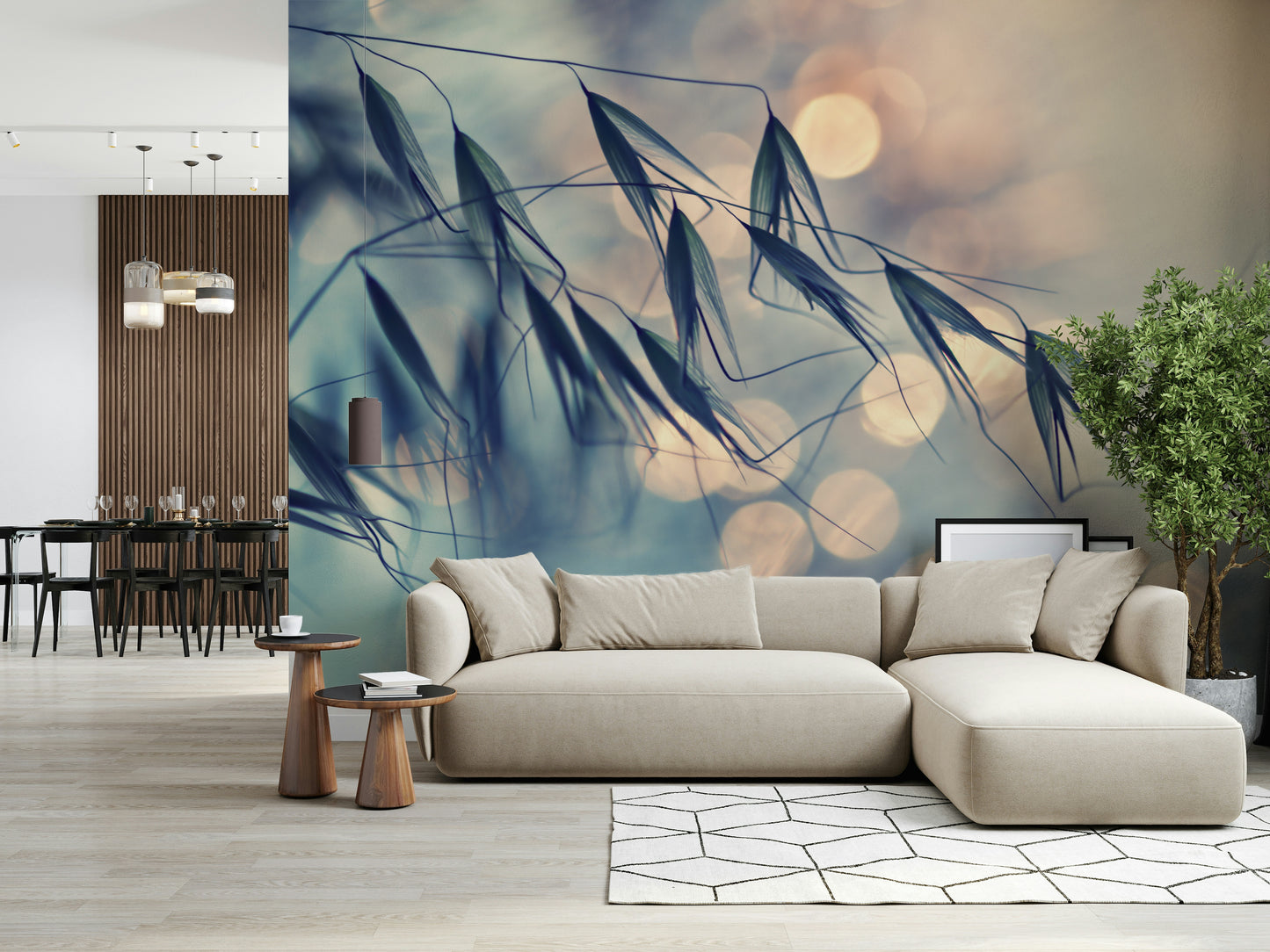 A peaceful botanical garden mural on decorative wallpaper.

