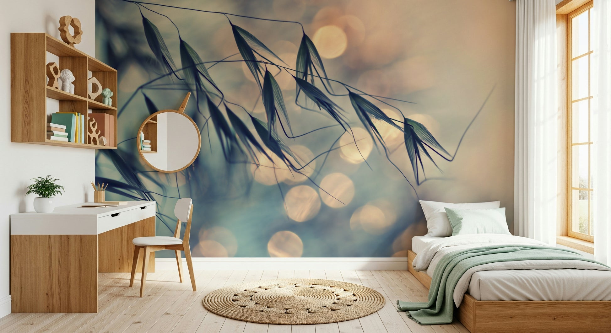 A graceful subtle bloom wall mural in warm, golden tones.

