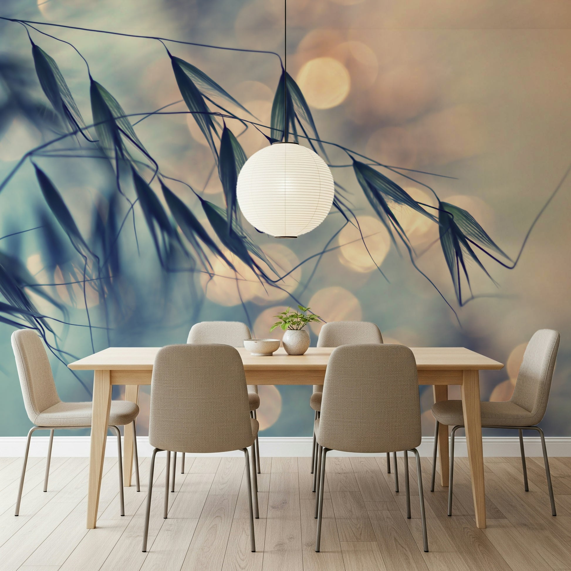 A beautiful golden hour wallpaper mural with subtle floral detail.

