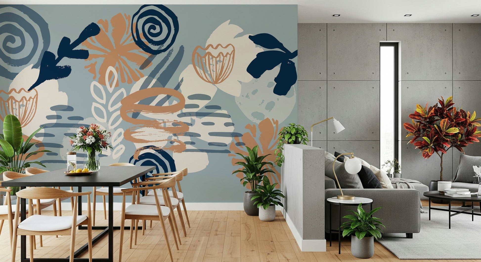 A beautiful modern art wall mural of delicate flowers.

