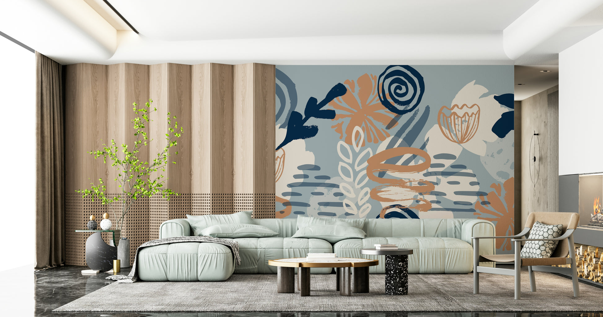 A calming floral design wallpaper mural that defines a space.

