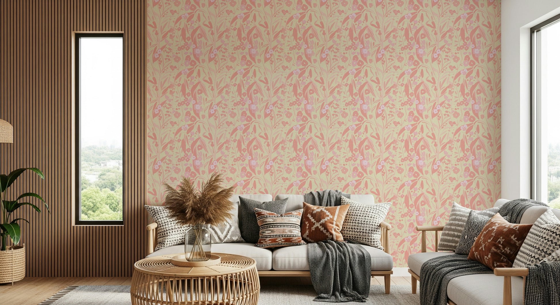 A graceful subtle pattern wall mural in soft, blush tones.

