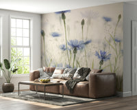 A beautiful serene cornflower wallpaper mural for a modern home.

