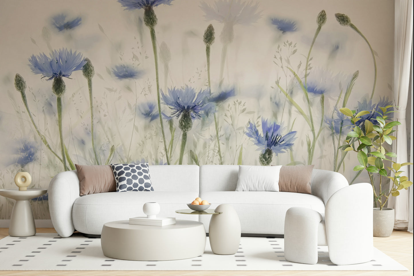 A peaceful flower design mural on decorative wallpaper.

