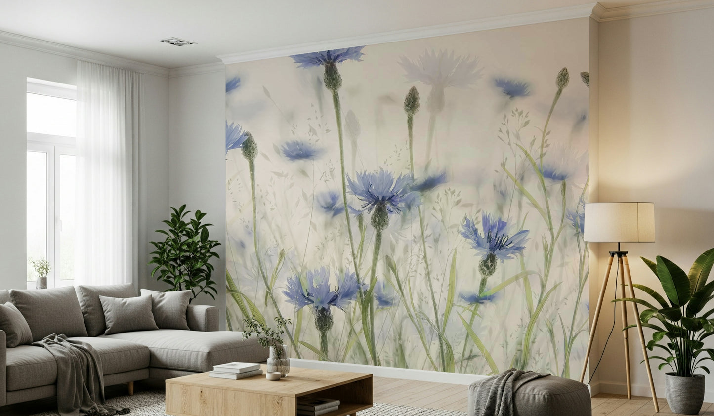 An artistic delicate bloom mural on minimalist wallpaper.

