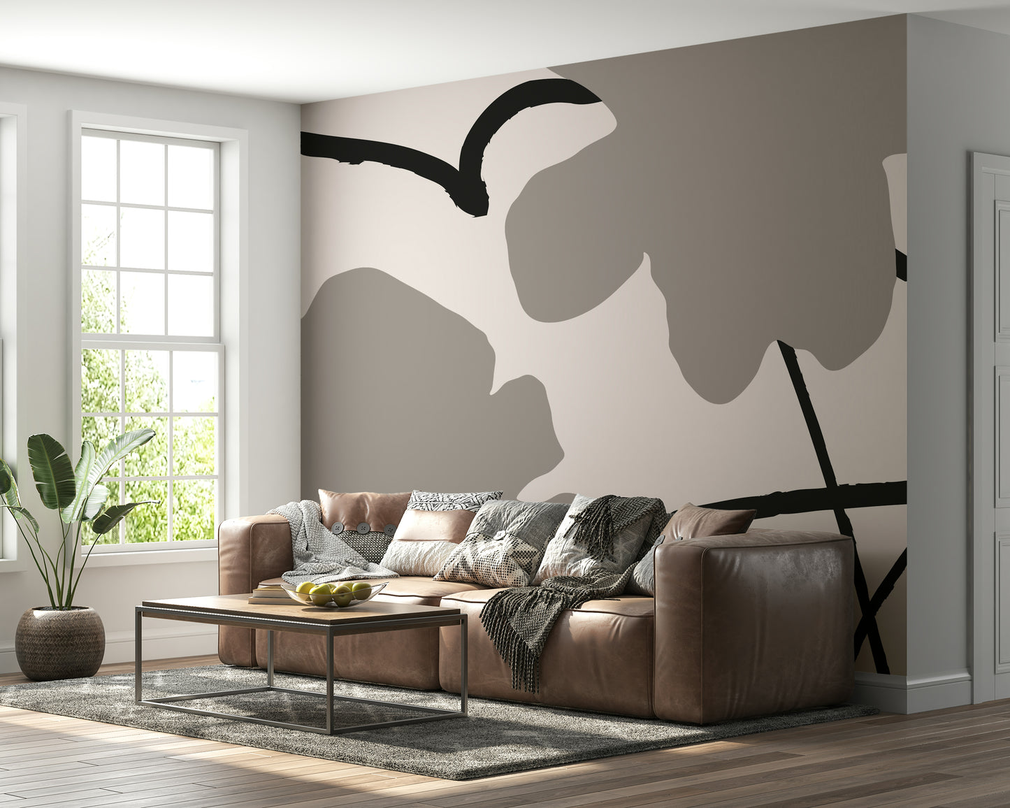 A calming modern design wallpaper mural that defines a space.

