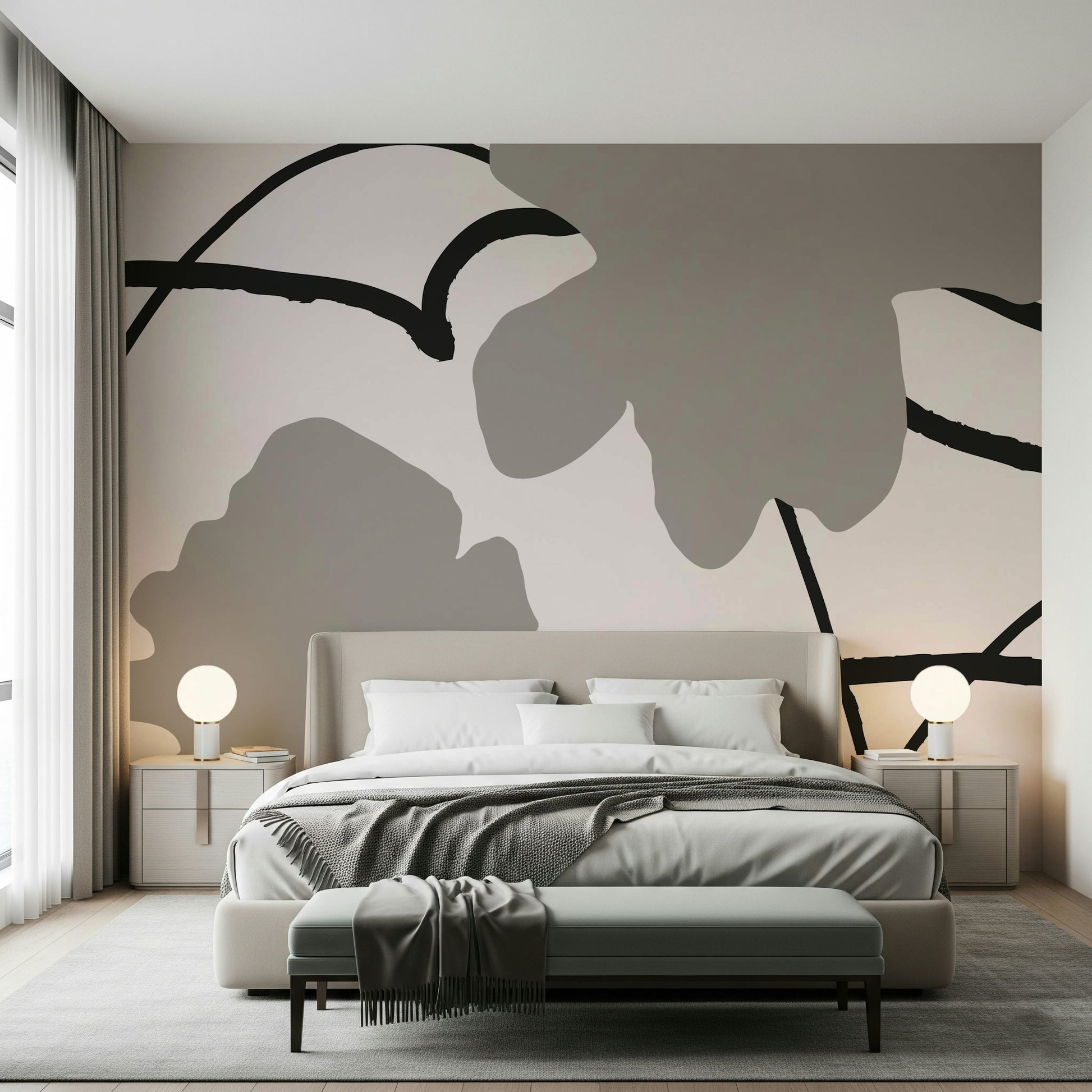 A graceful subtle pattern wall mural in cool, natural tones.

