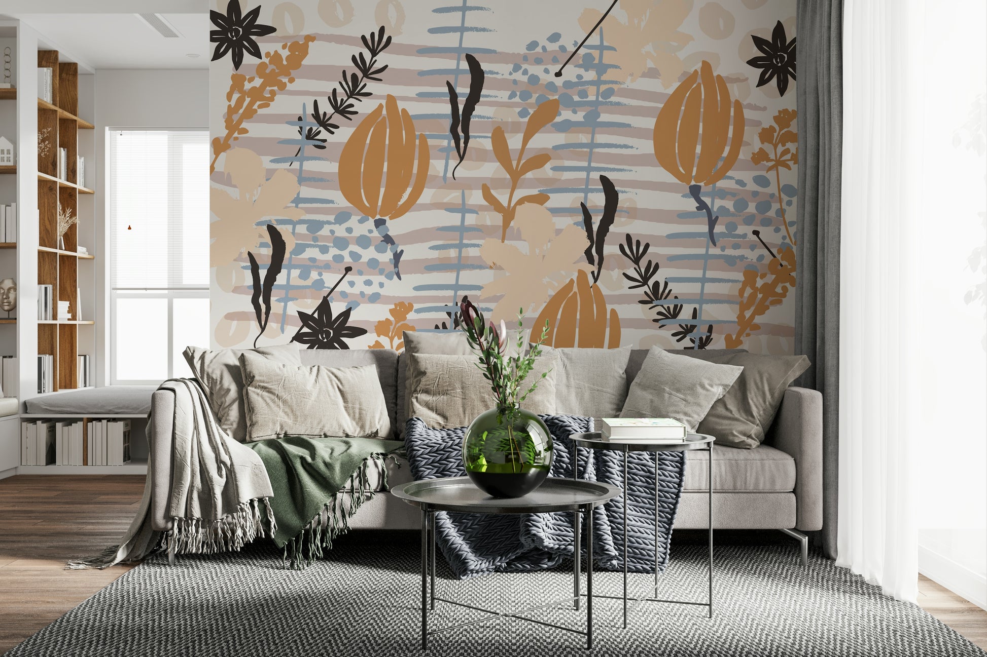 A beautiful modern art wall mural of delicate flowers.

