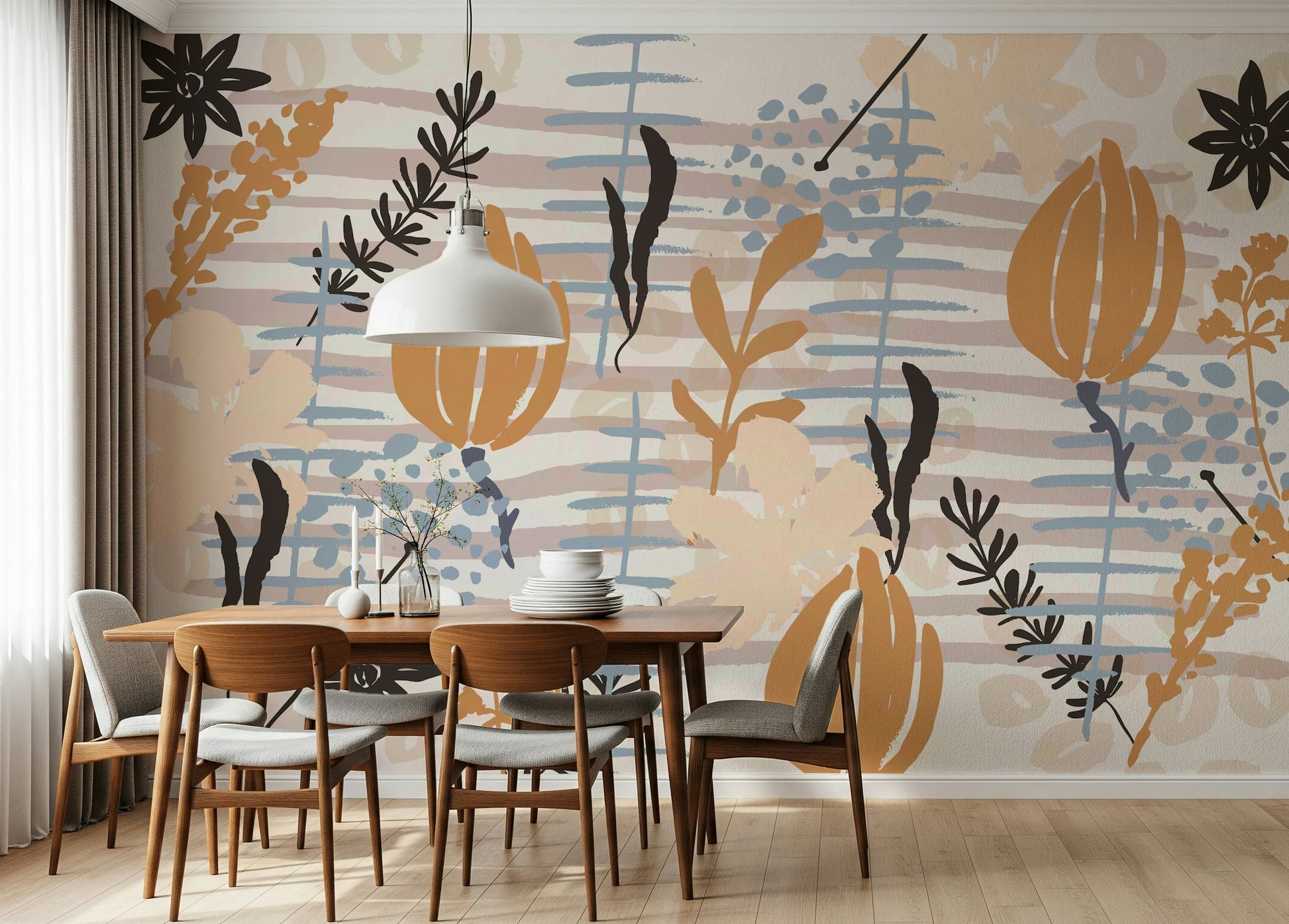 A calming floral design wallpaper mural that defines a space.

