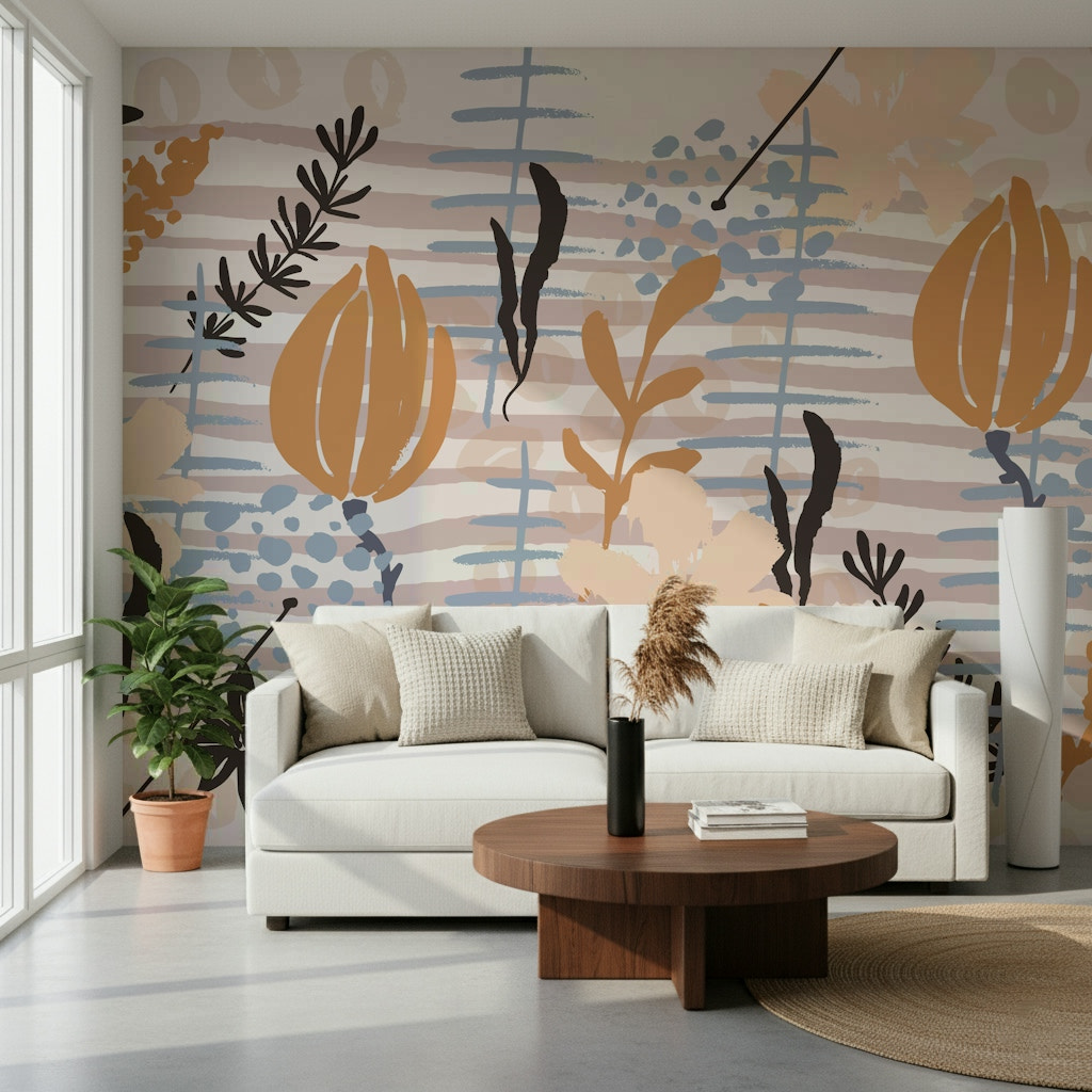 A beautiful artistic floral wallpaper mural with subtle brushstrokes.

