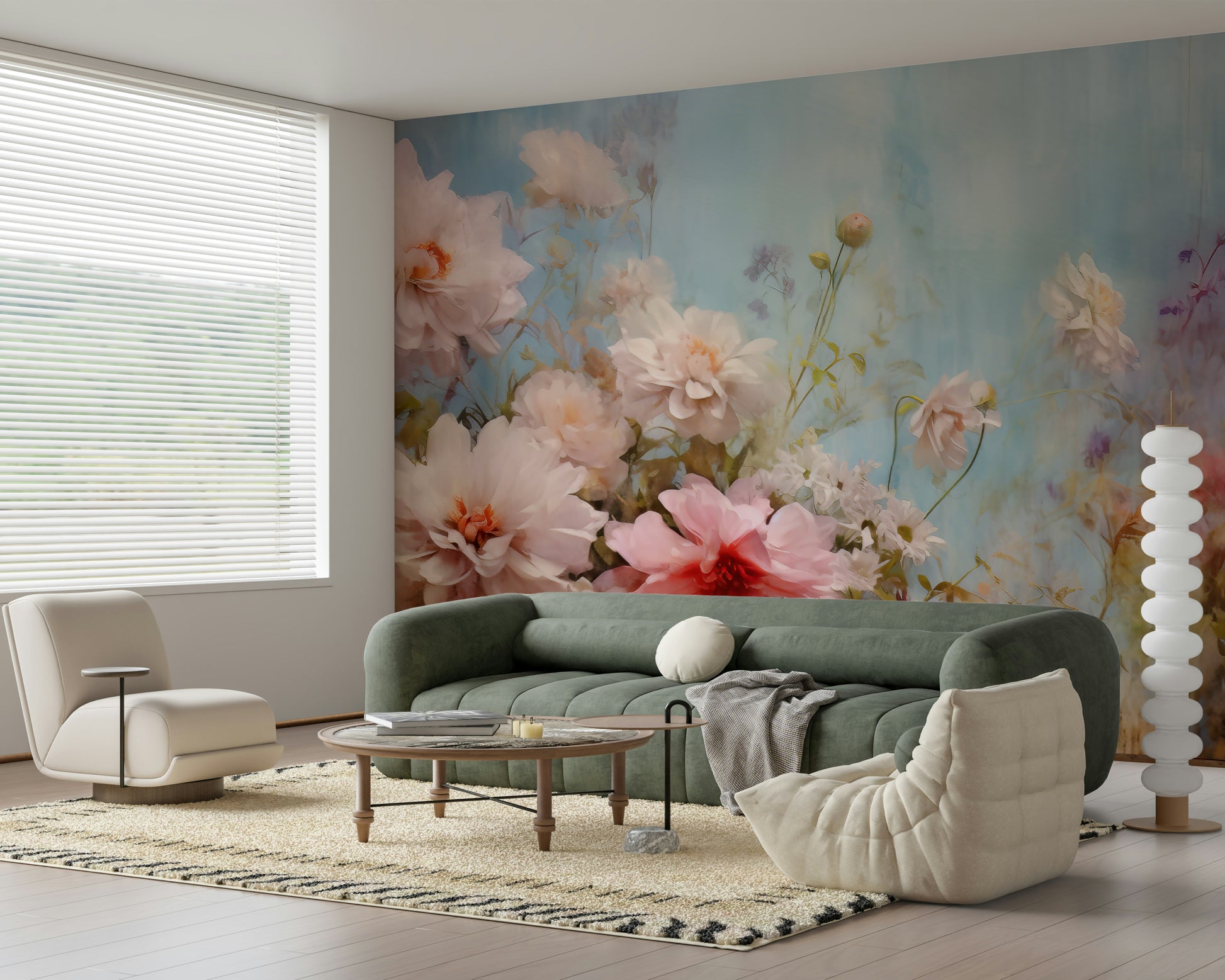 A calming floral design wallpaper mural that defines a space.

