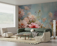 A calming floral design wallpaper mural that defines a space.

