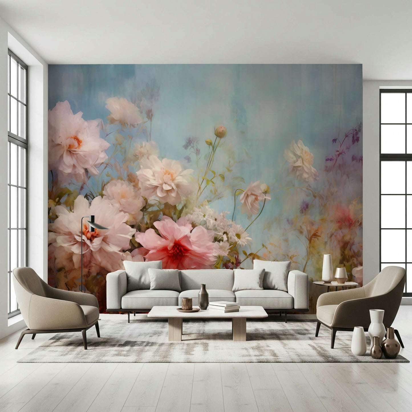 A graceful subtle bloom wall mural in cool, azure tones.

