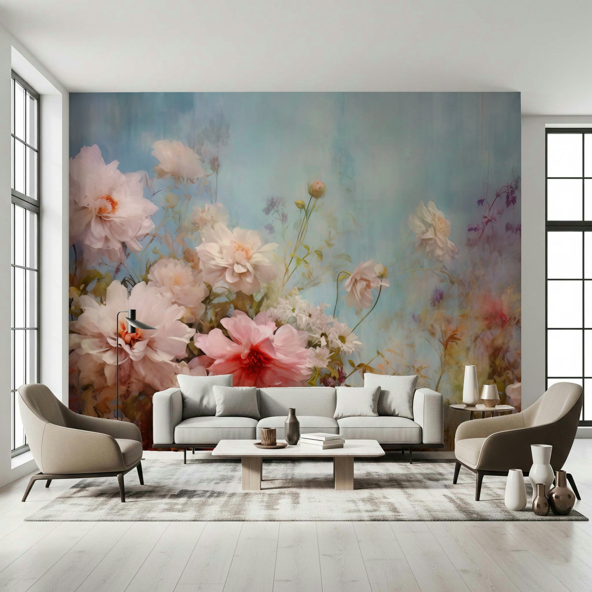 A graceful subtle bloom wall mural in cool, azure tones.

