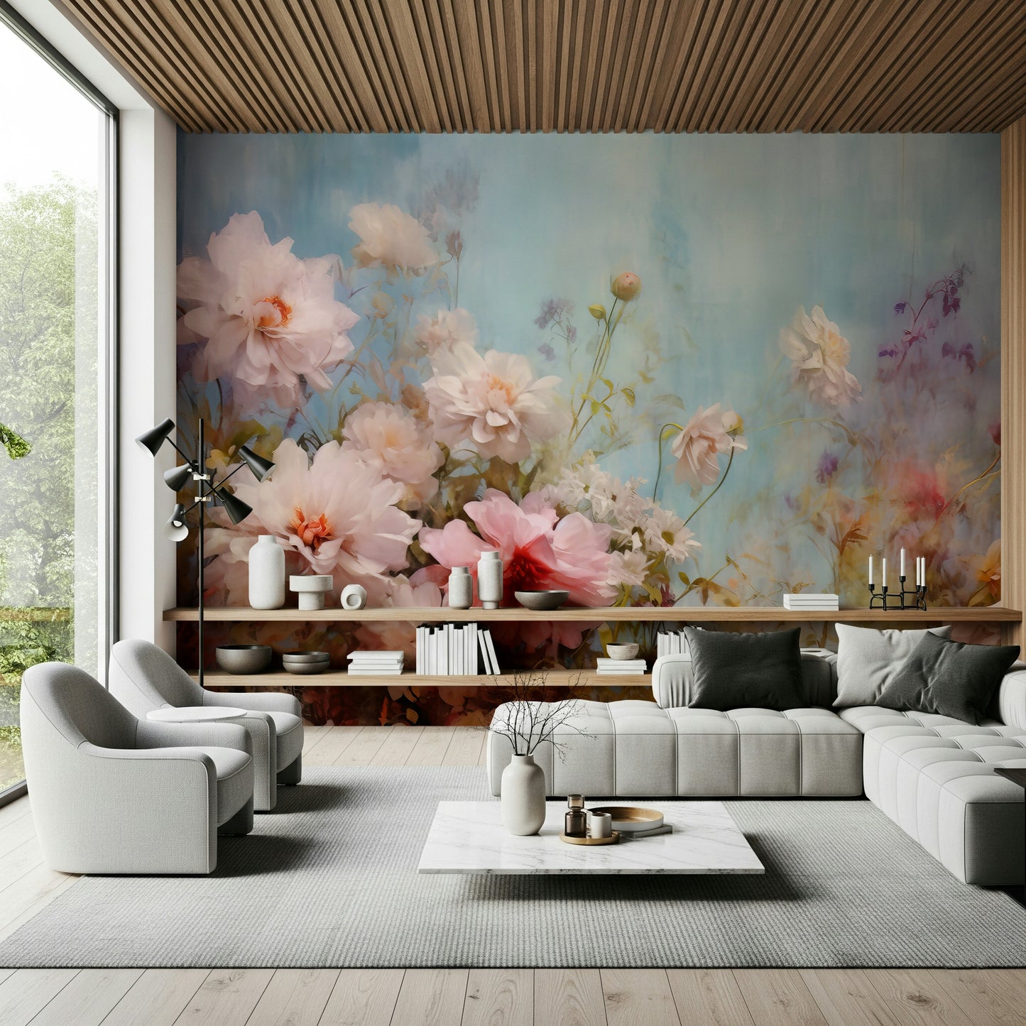 A serene blue floral pattern wall mural for your decor.

