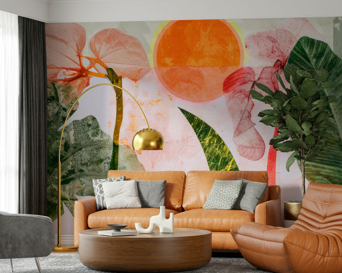 A peaceful botanical garden mural on decorative wallpaper.

