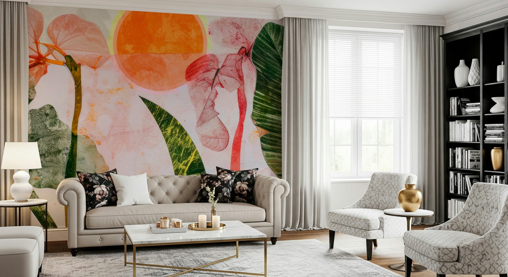 An artistic lush foliage mural on vibrant wallpaper.

