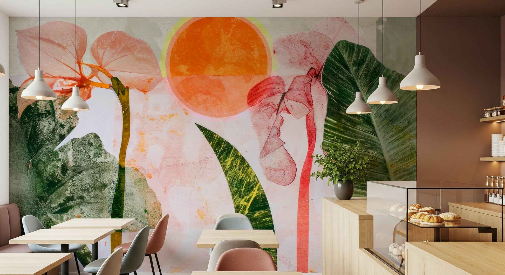 A beautiful modern art wall mural of radiant leaves.

