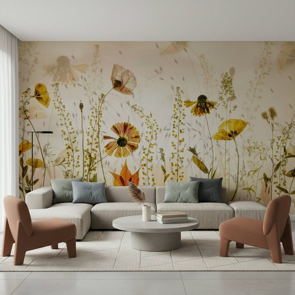 A beautiful vintage pressed petal wallpaper mural for a modern home.

