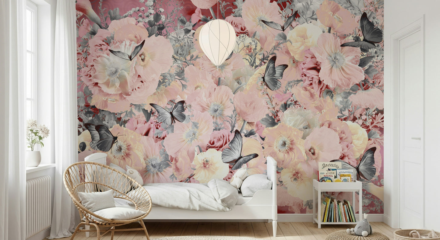 A peaceful flower design mural on decorative wallpaper.

