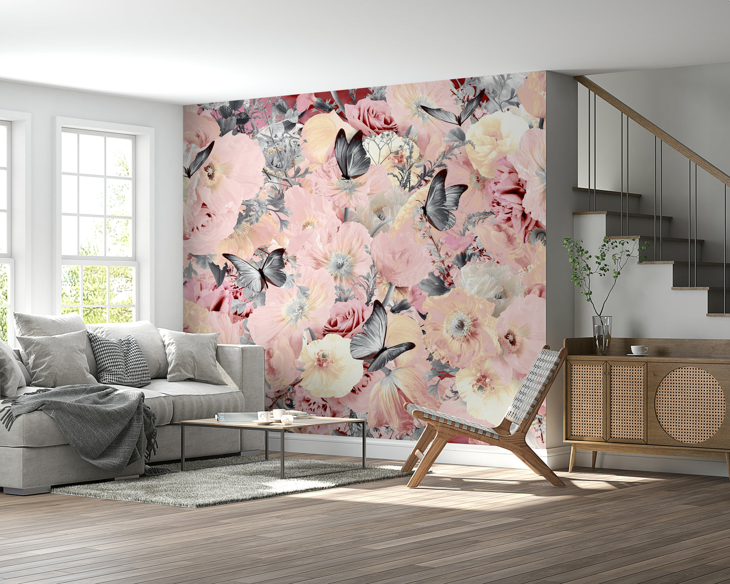 A classic floral wallpaper for walls with a butterfly theme.

