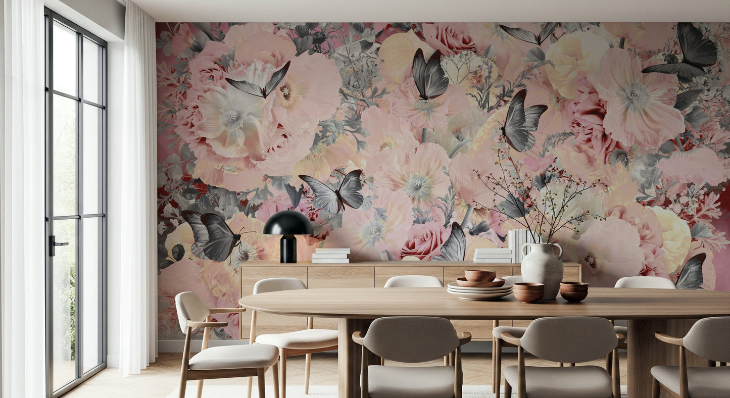 A calming floral design wallpaper mural that defines a space.

