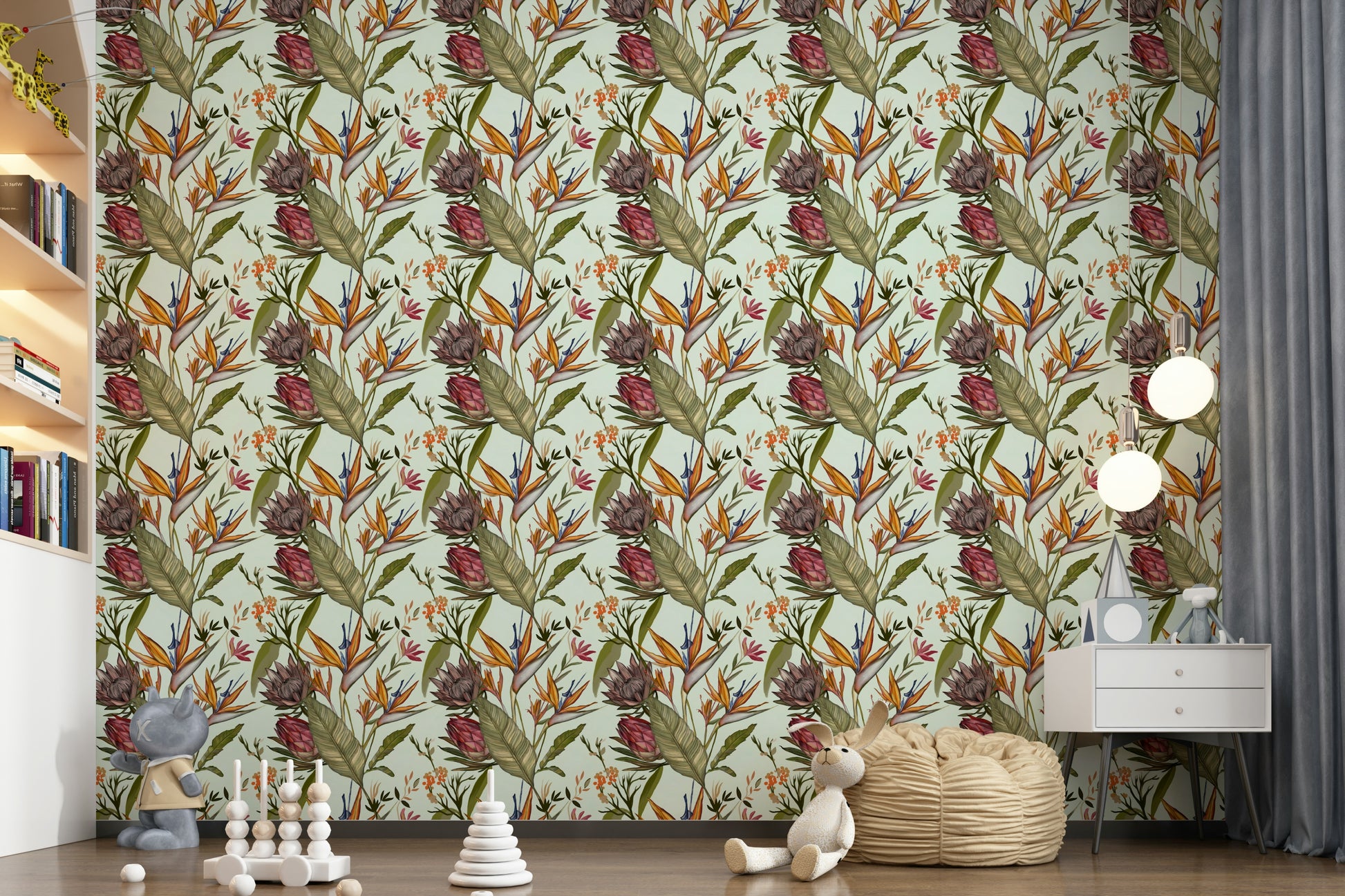 A calming foliage design wallpaper mural that defines a space.

