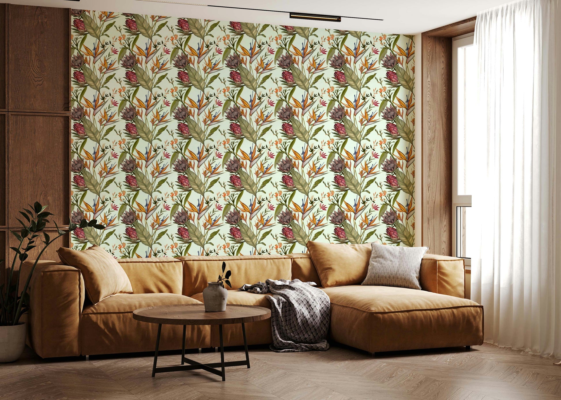 An artistic exotic leaf mural on minimalist wallpaper.

