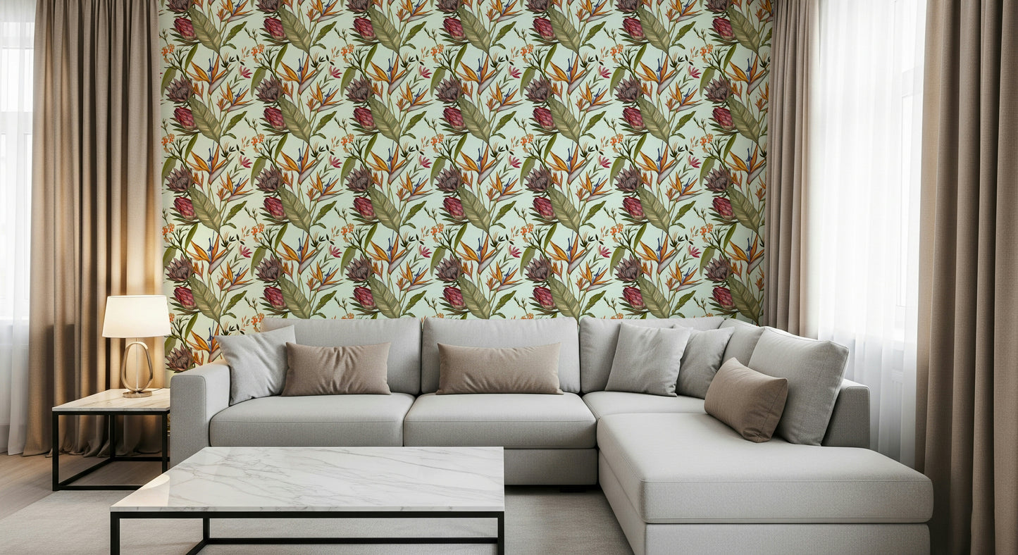 A beautiful tropical plant wall mural for a living room.

