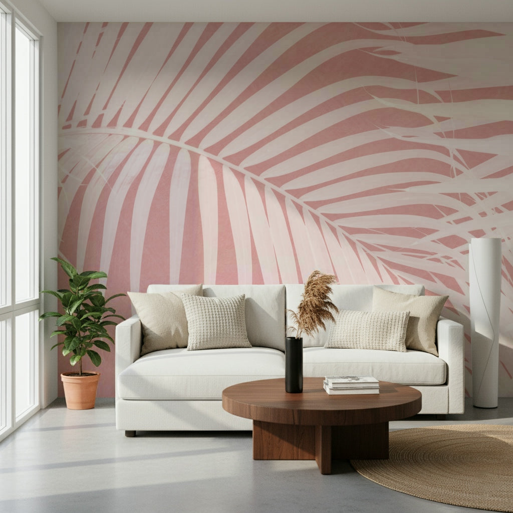 A calming foliage design wallpaper mural that defines a space.

