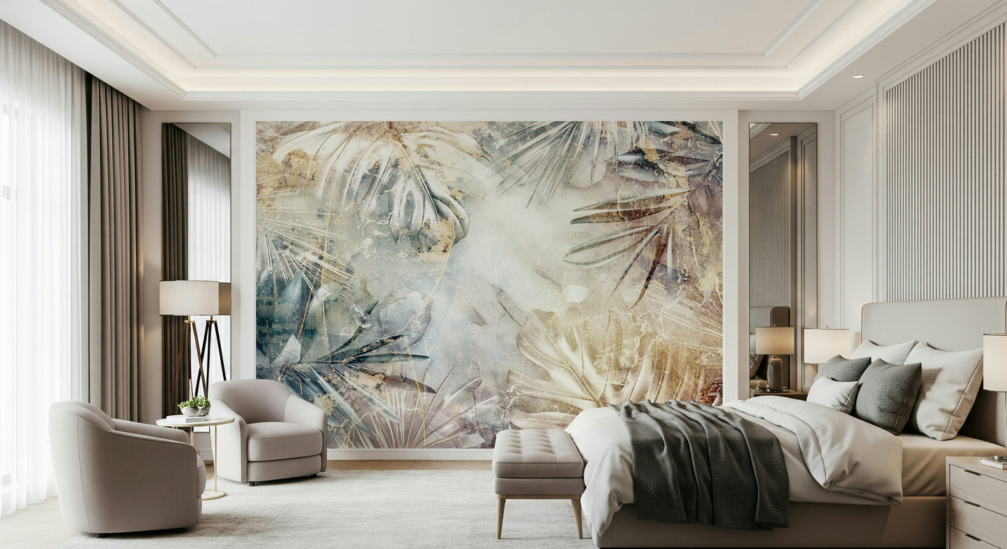 A beautiful modern art wall mural of delicate leaves.

