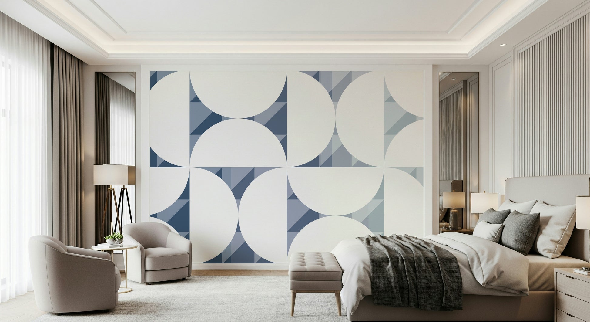 A graceful subtle block wall mural in cool, blue tones.