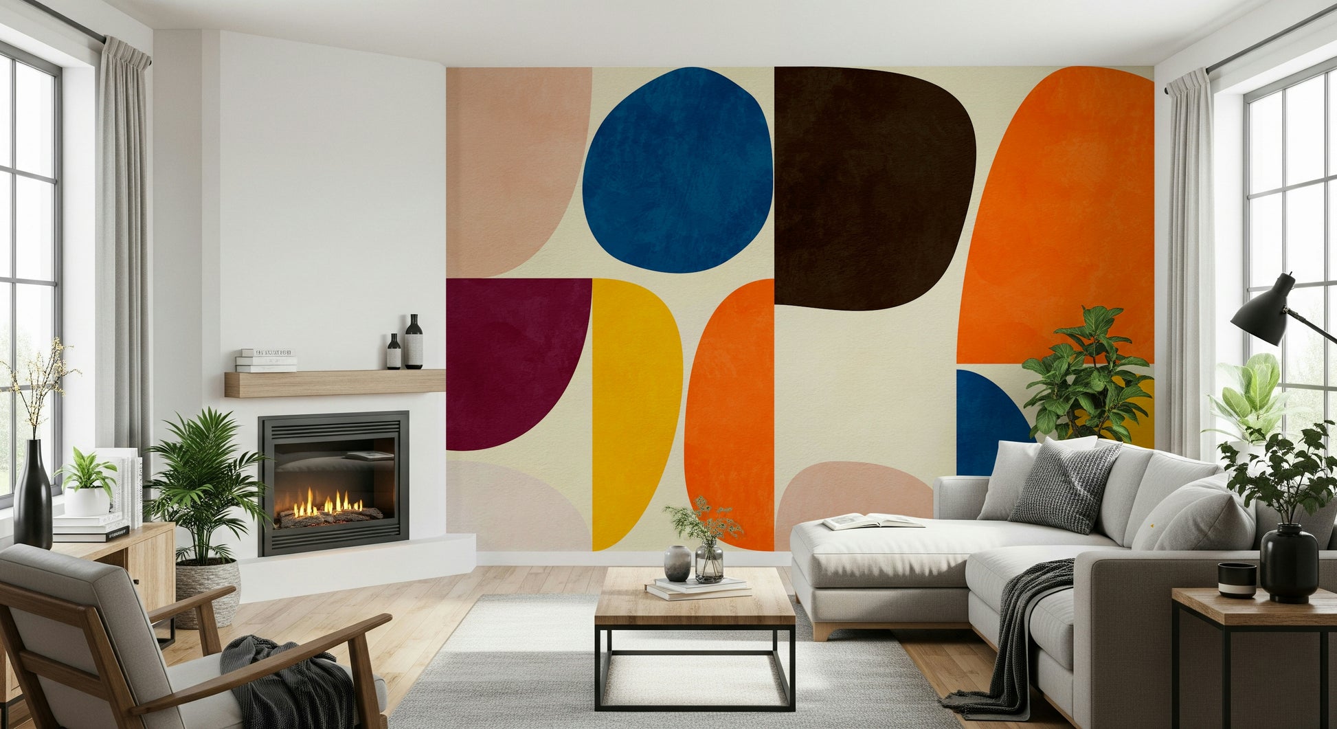 A peaceful retro abstract mural on decorative wallpaper.