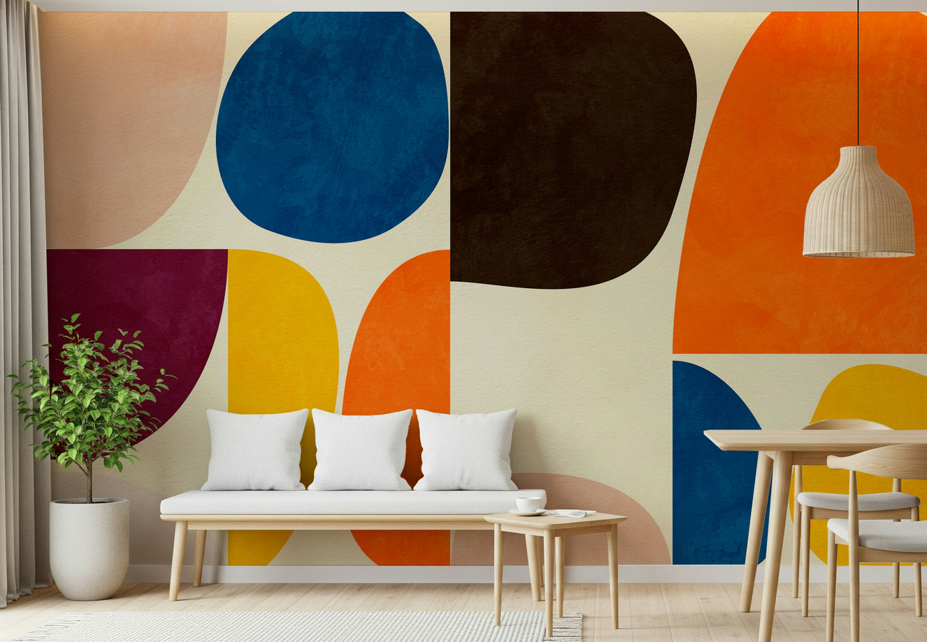A beautiful retro geometric wallpaper mural with subtle, organic shapes.