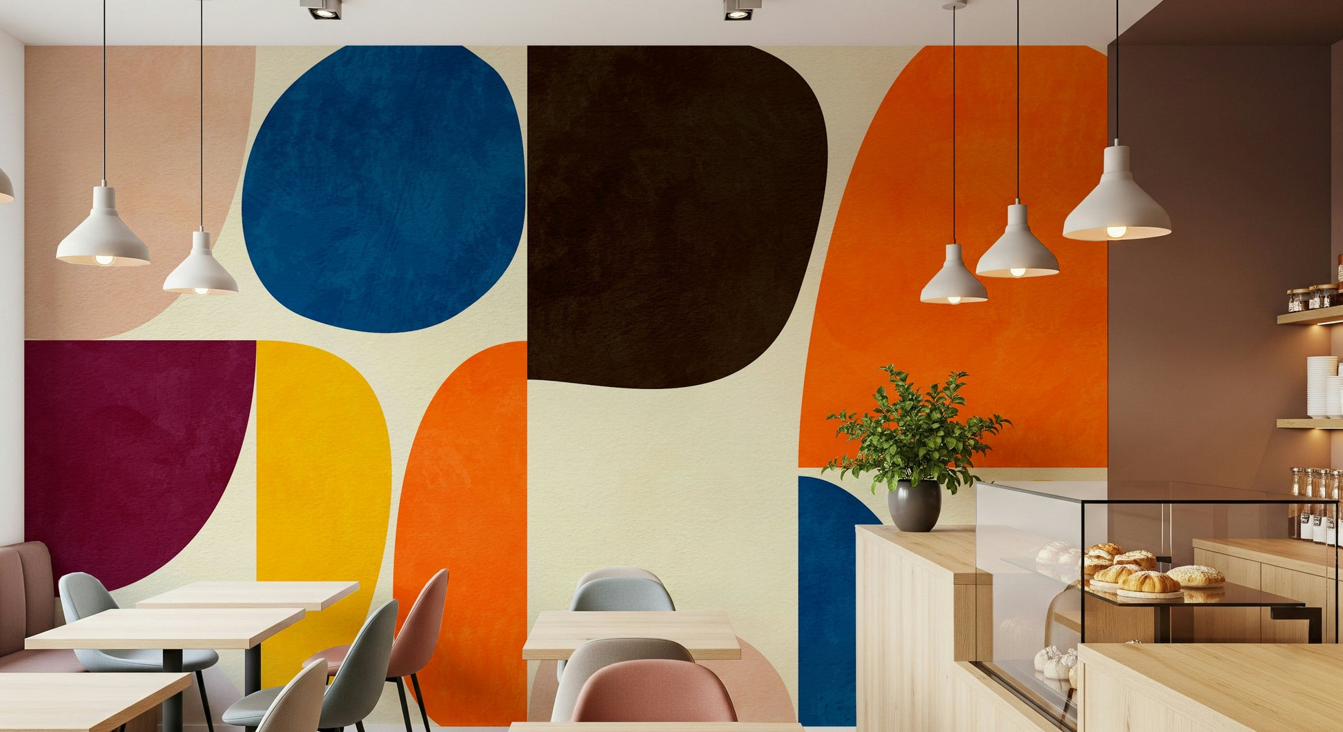 A contemplative geometric design wallpaper mural for a feature wall.