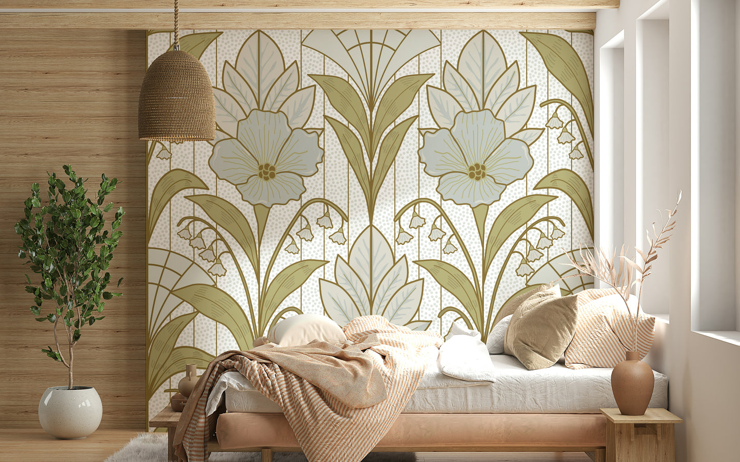 A calming floral design wallpaper mural that defines a space.