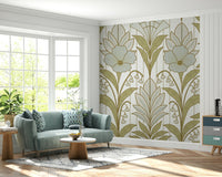 A peaceful Art Deco design mural on decorative wallpaper.