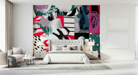 A peaceful modern abstract mural on decorative wallpaper.