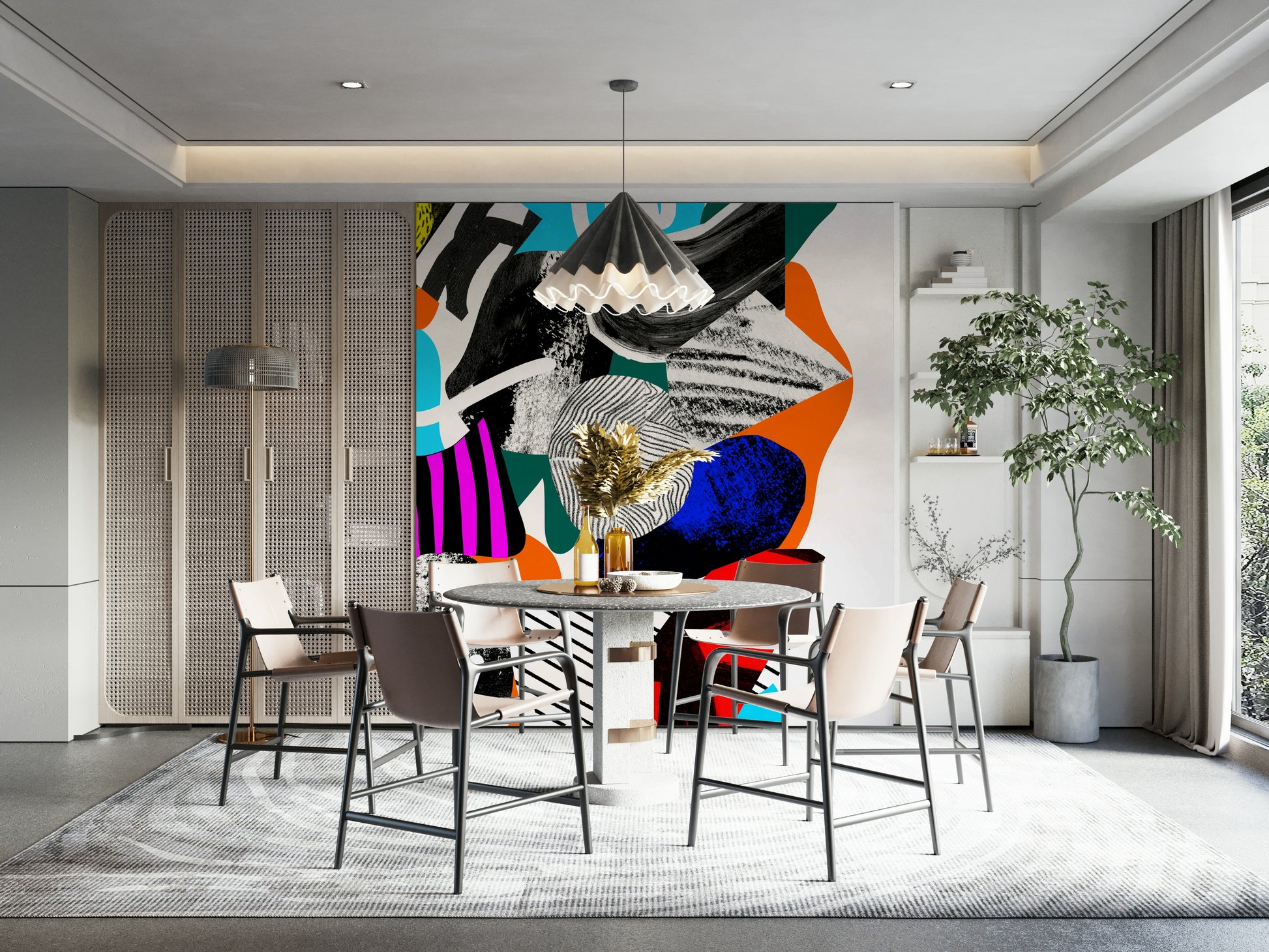 An artistic happy soul mural on minimalist wallpaper.