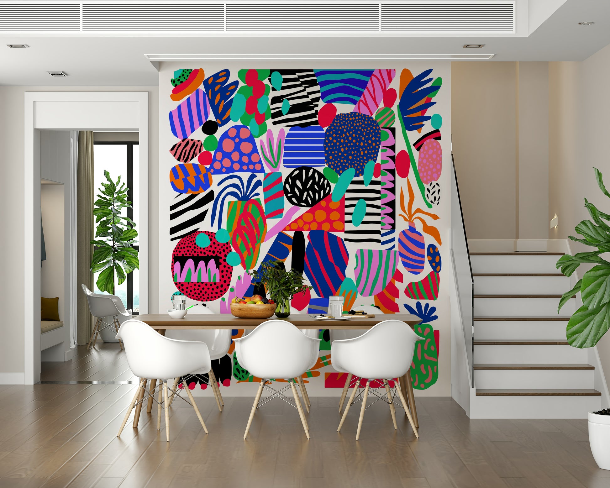 A serene abstract garden wall mural with stars and planets.