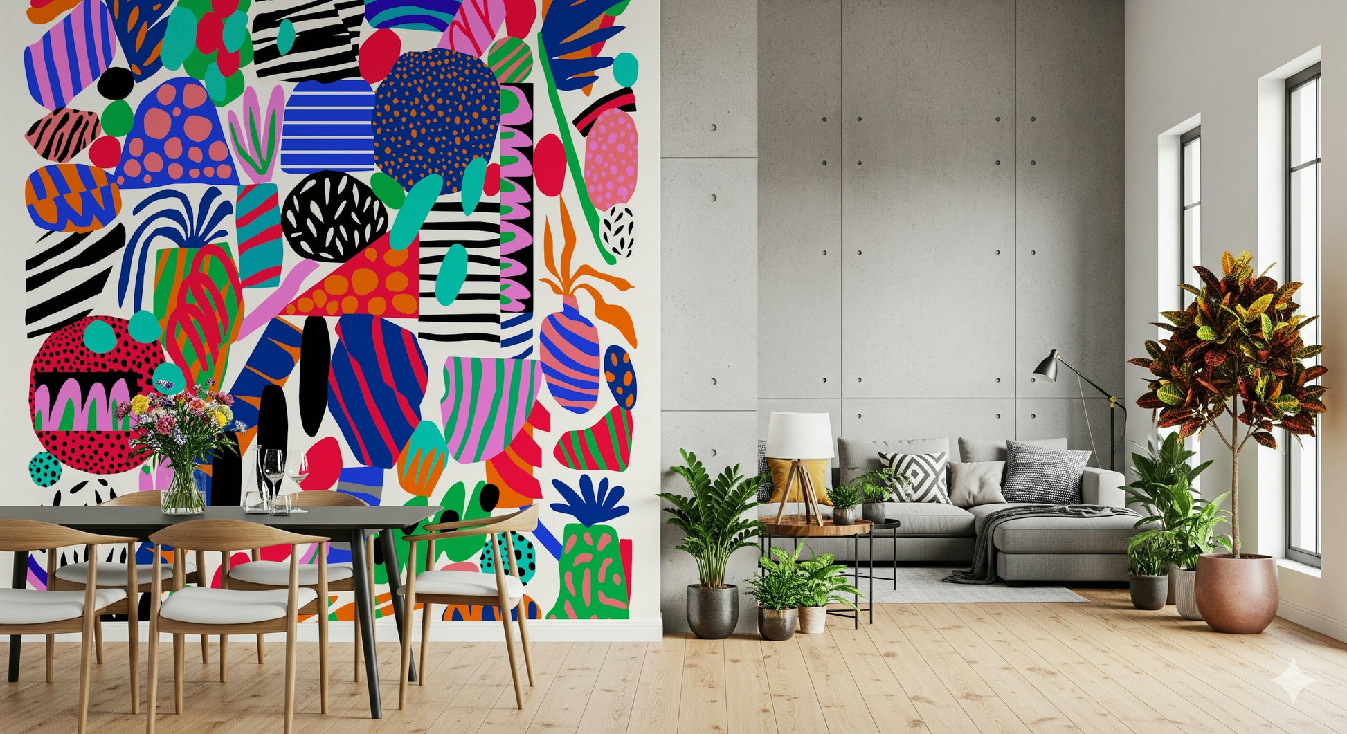 An artistic delicate bloom mural on minimalist wallpaper.