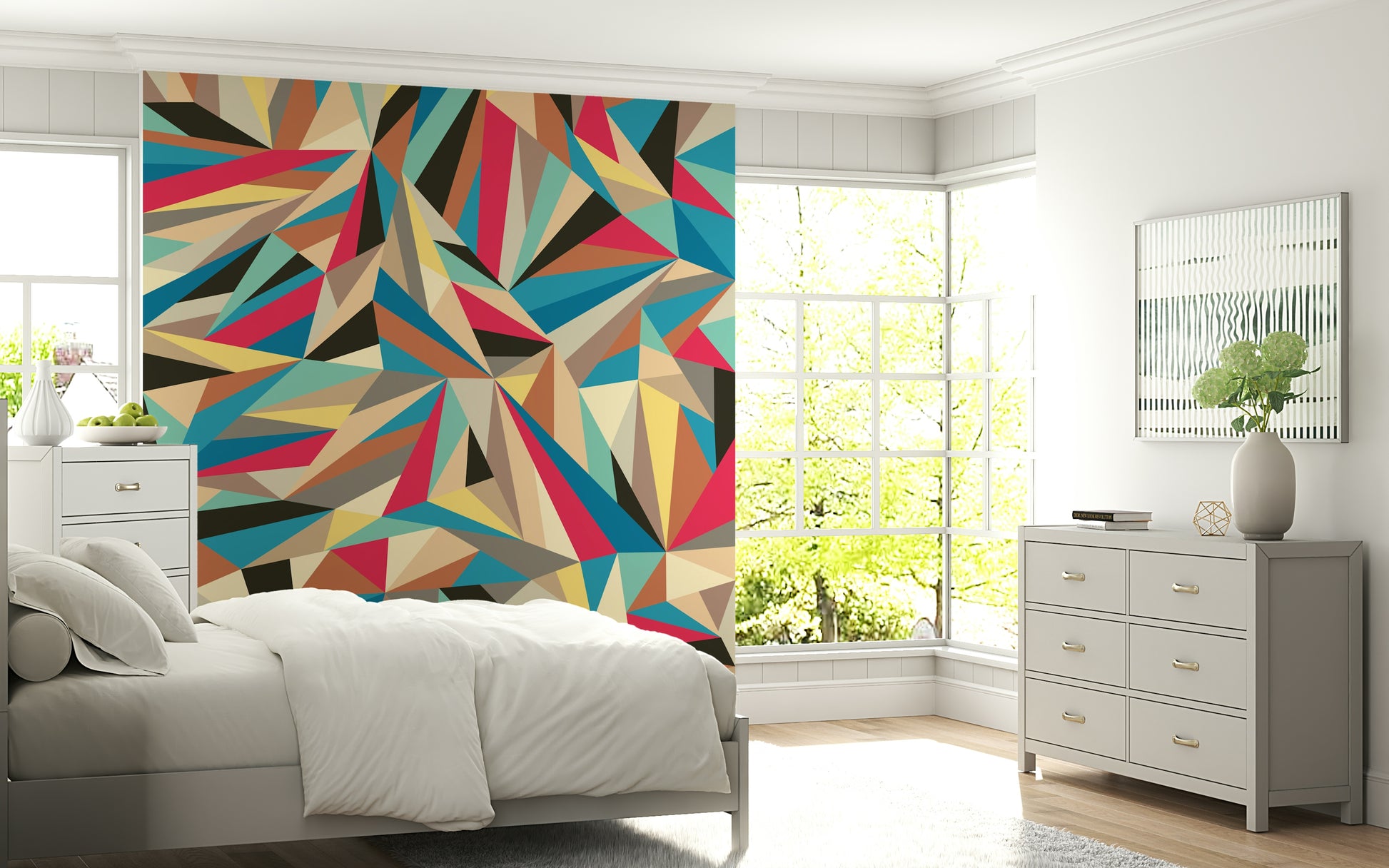 A contemplative geometric design wallpaper mural for a feature wall.