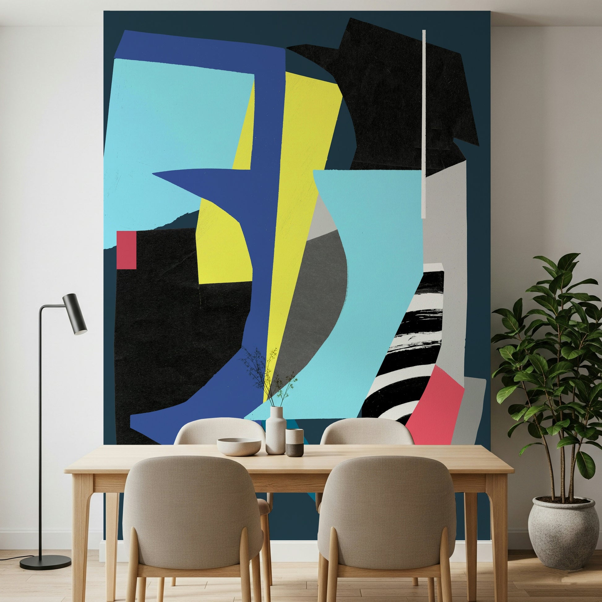 A contemplative geometric design wallpaper mural for a feature wall.