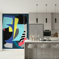 A peaceful geometric design mural on decorative wallpaper.