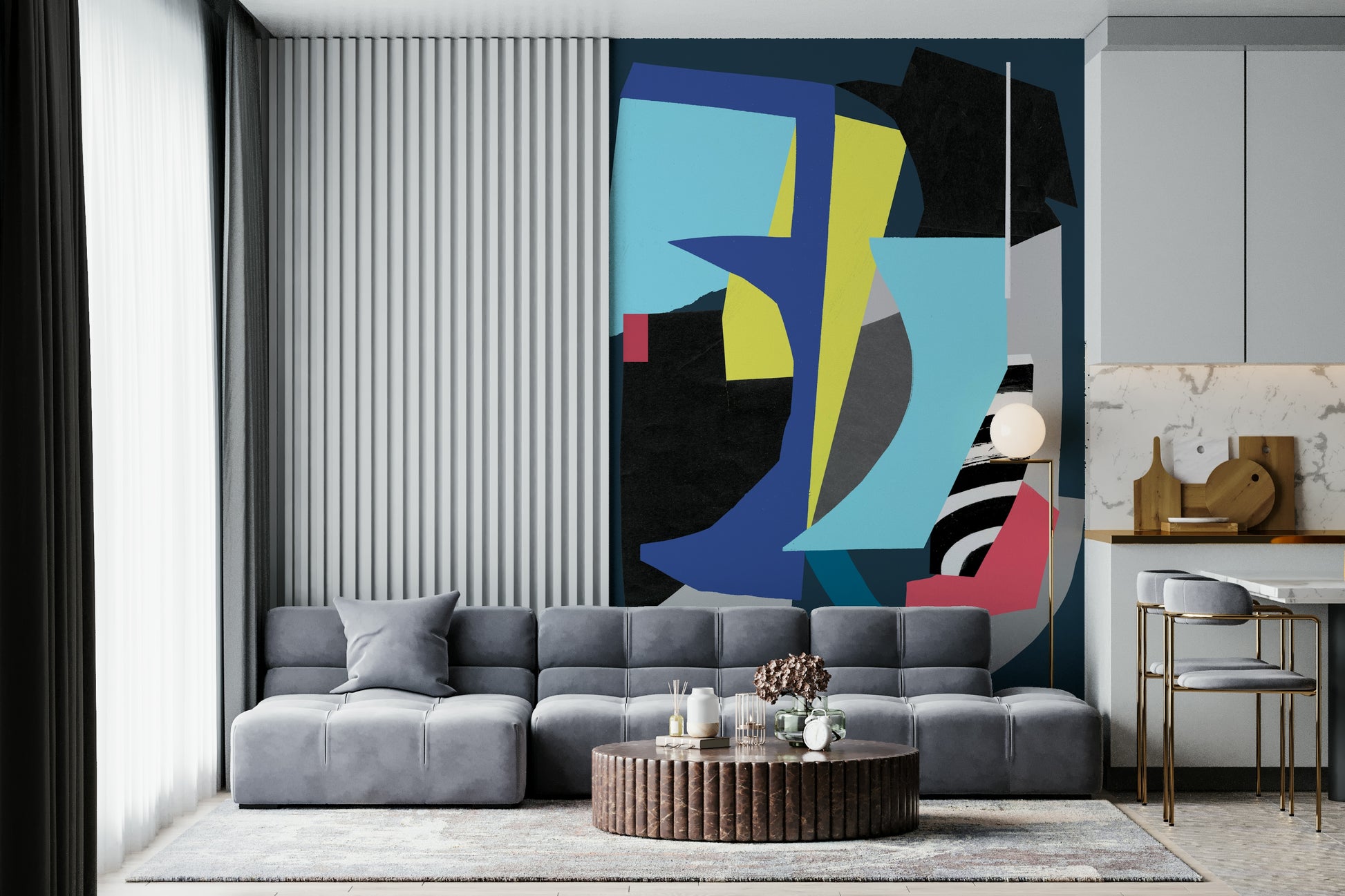 A beautiful abstract diamond wallpaper mural in blue and white.