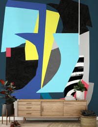 An artistic modern block mural on minimalist wallpaper.